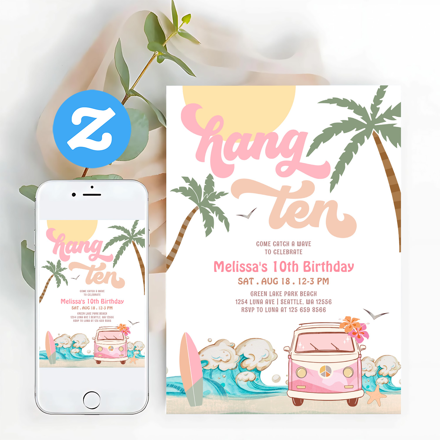 10th Birthday Hang Ten Pink Surfing Birthday Invitation