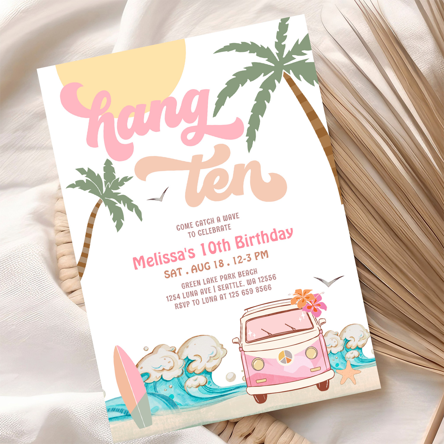10th Birthday Hang Ten Pink Surfing Birthday Invitation - Image 10