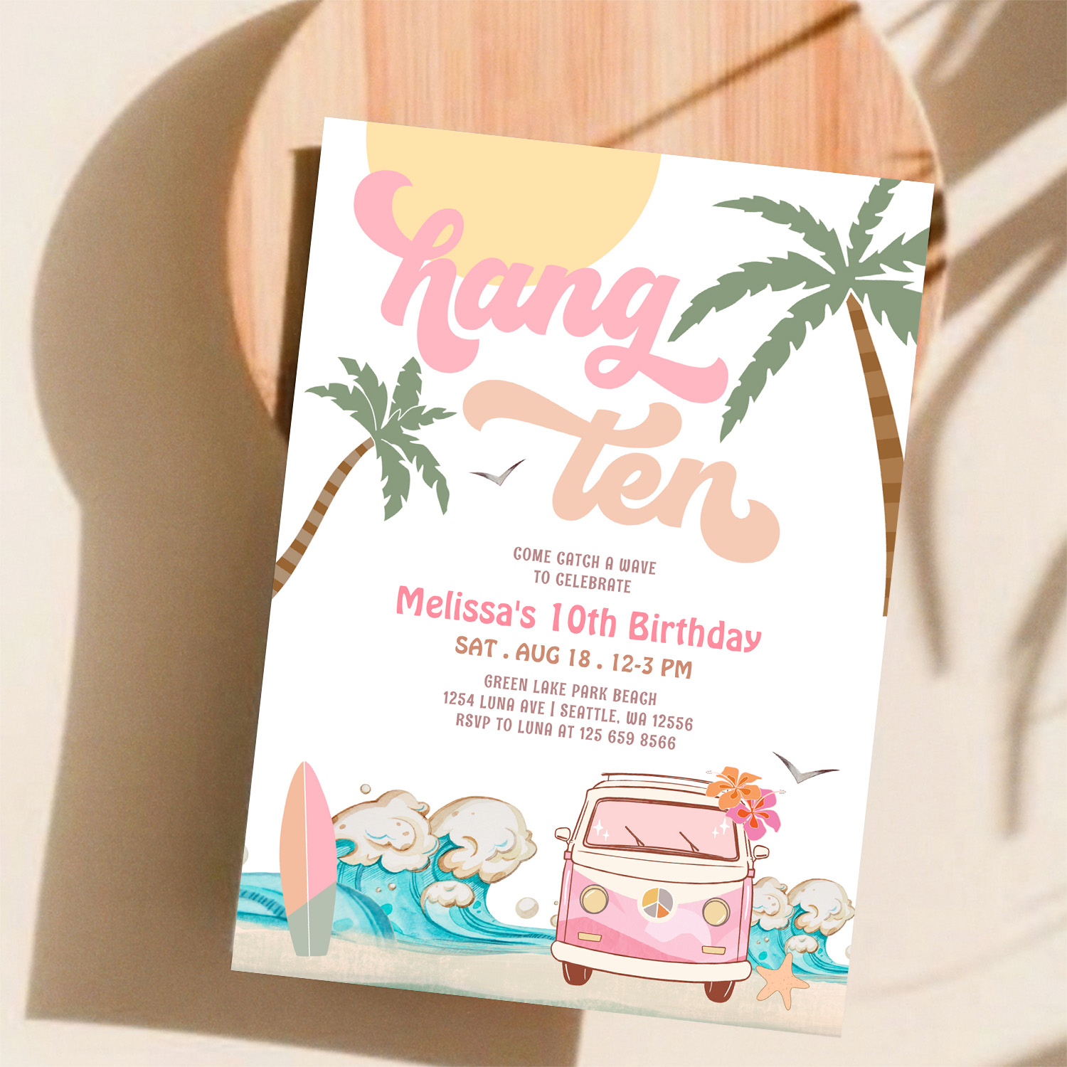 10th Birthday Hang Ten Pink Surfing Birthday Invitation - Image 11