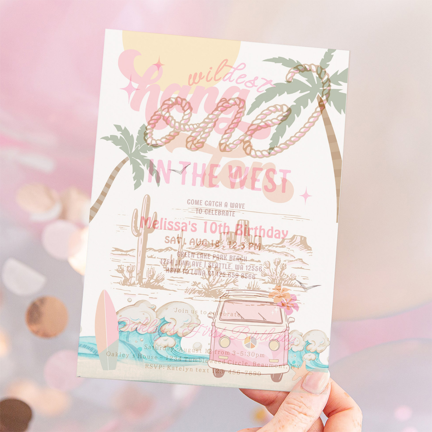 10th Birthday Hang Ten Pink Surfing Birthday Invitation - Image 12