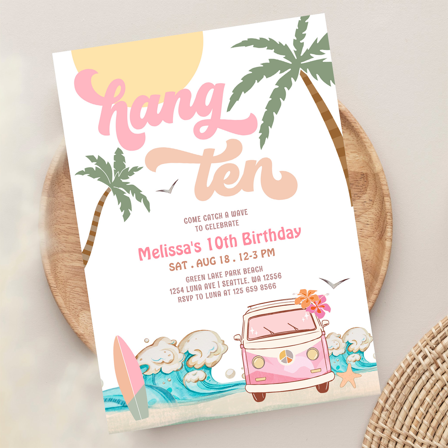 10th Birthday Hang Ten Pink Surfing Birthday Invitation - Image 13