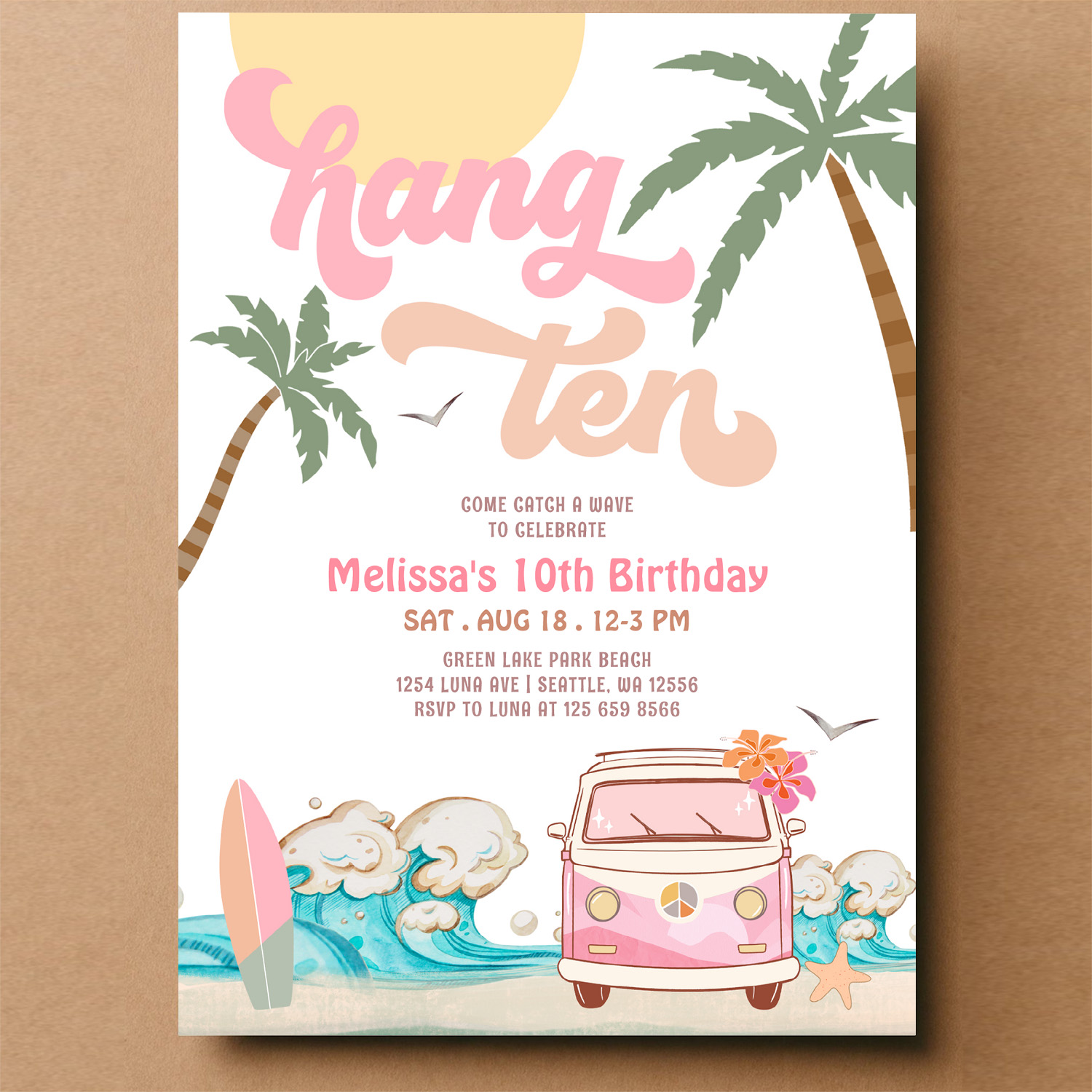 10th Birthday Hang Ten Pink Surfing Birthday Invitation - Image 14