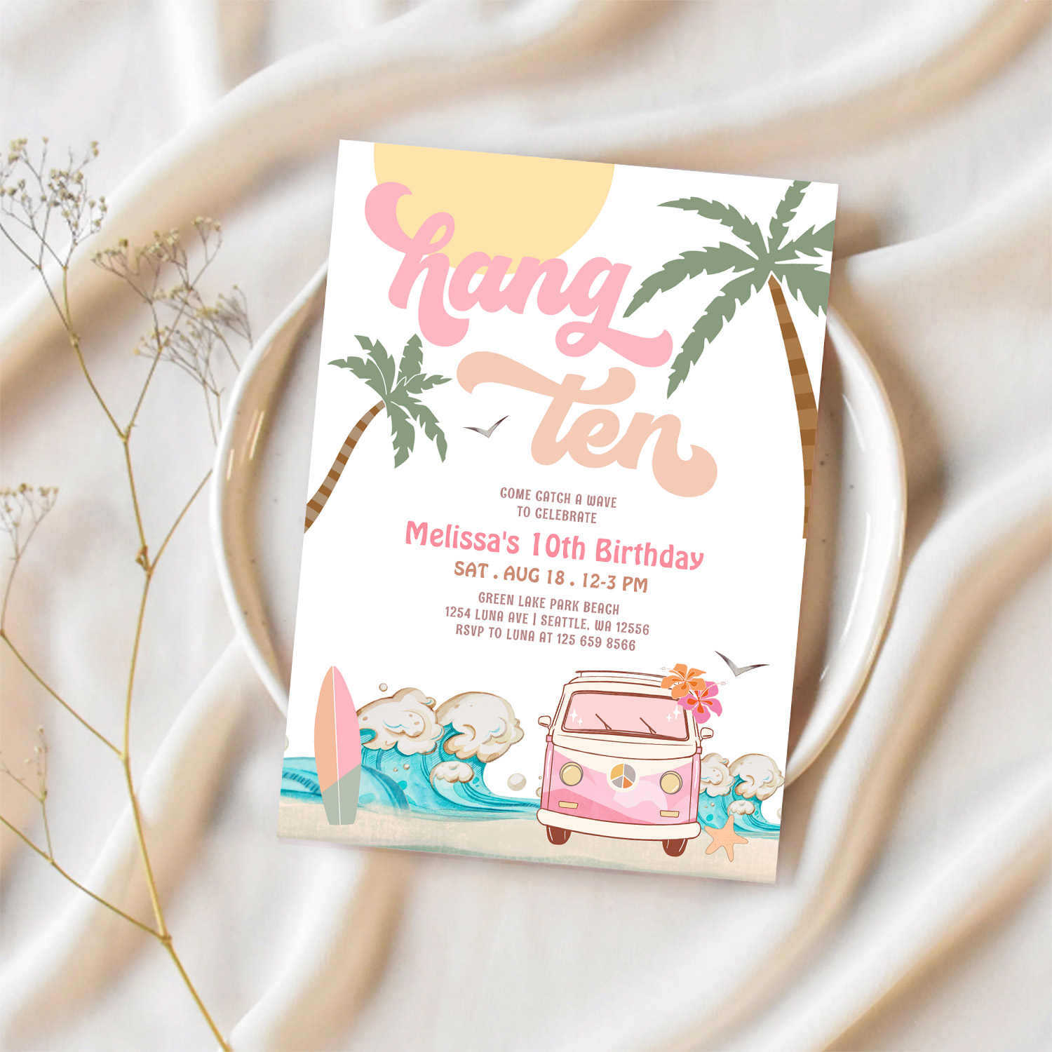 10th Birthday Hang Ten Pink Surfing Birthday Invitation - Image 2