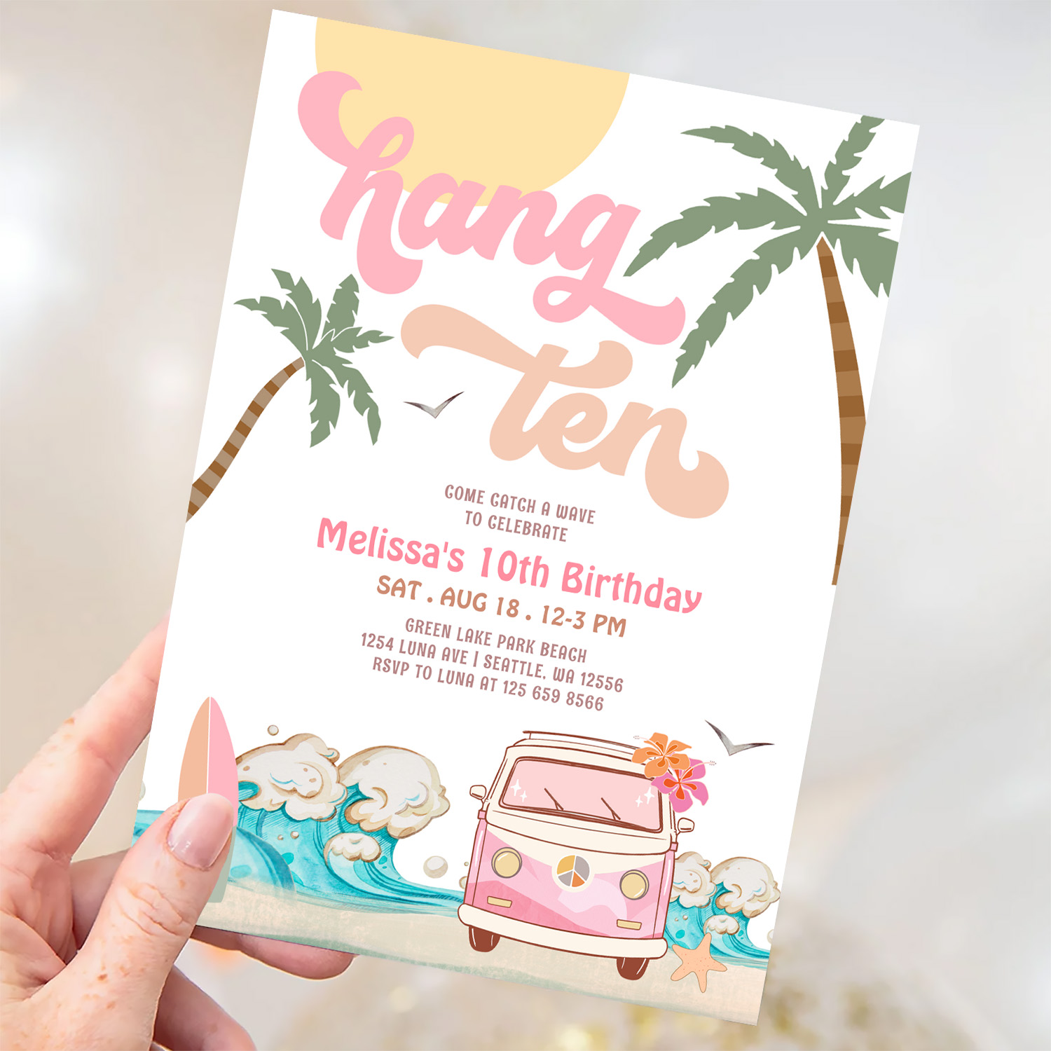 10th Birthday Hang Ten Pink Surfing Birthday Invitation - Image 3