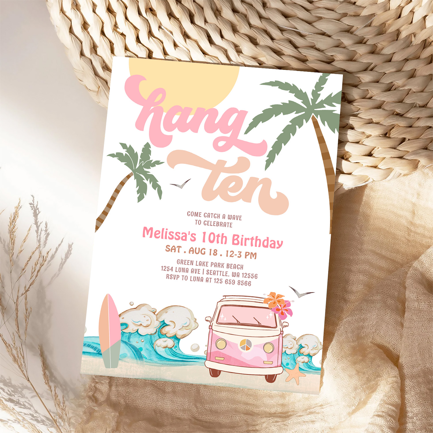 10th Birthday Hang Ten Pink Surfing Birthday Invitation - Image 4