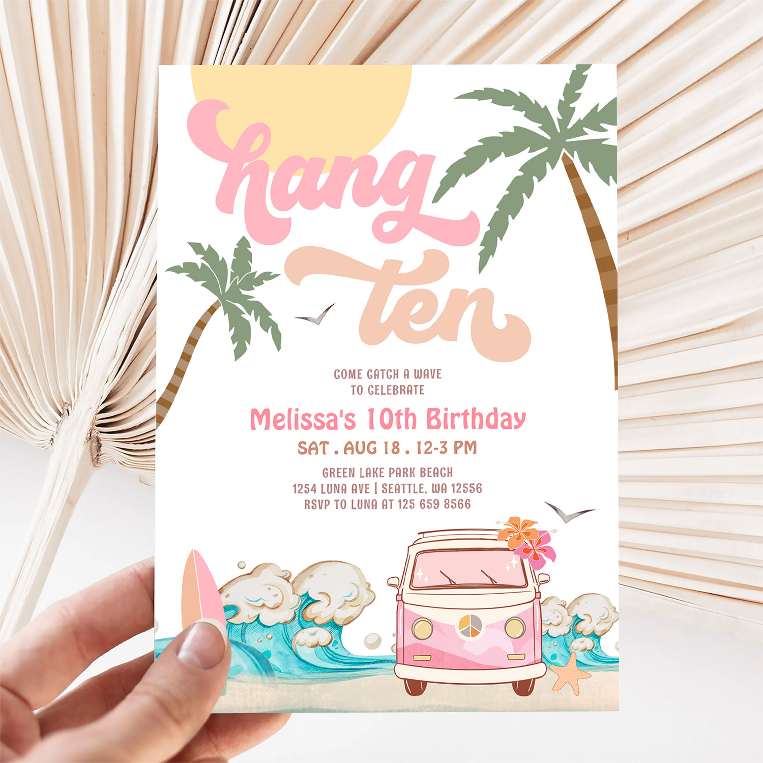 10th Birthday Hang Ten Pink Surfing Birthday Invitation - Image 5