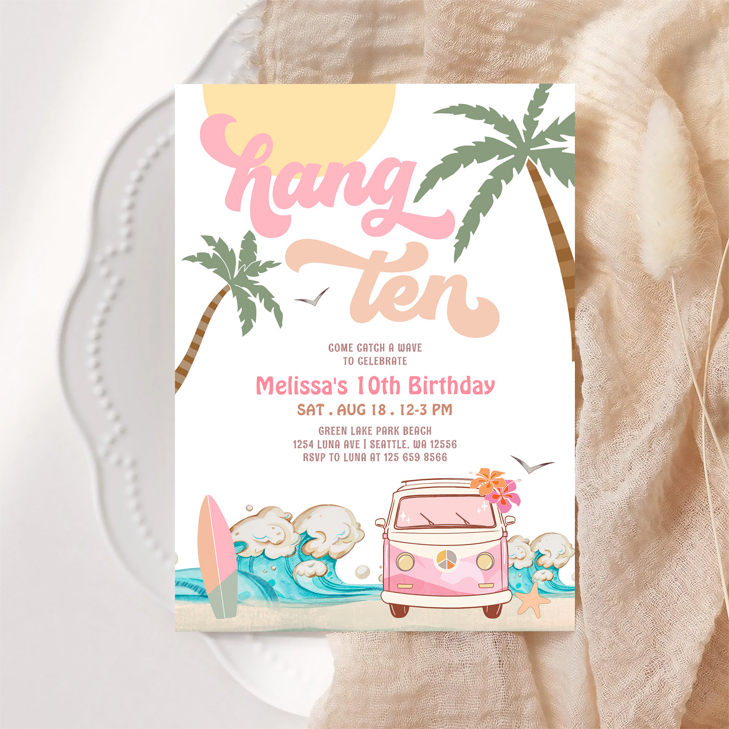 10th Birthday Hang Ten Pink Surfing Birthday Invitation - Image 6