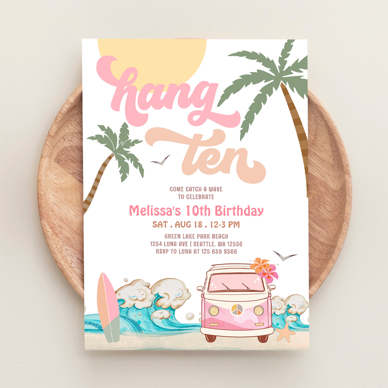 10th Birthday Hang Ten Pink Surfing Birthday Invitation - Image 7