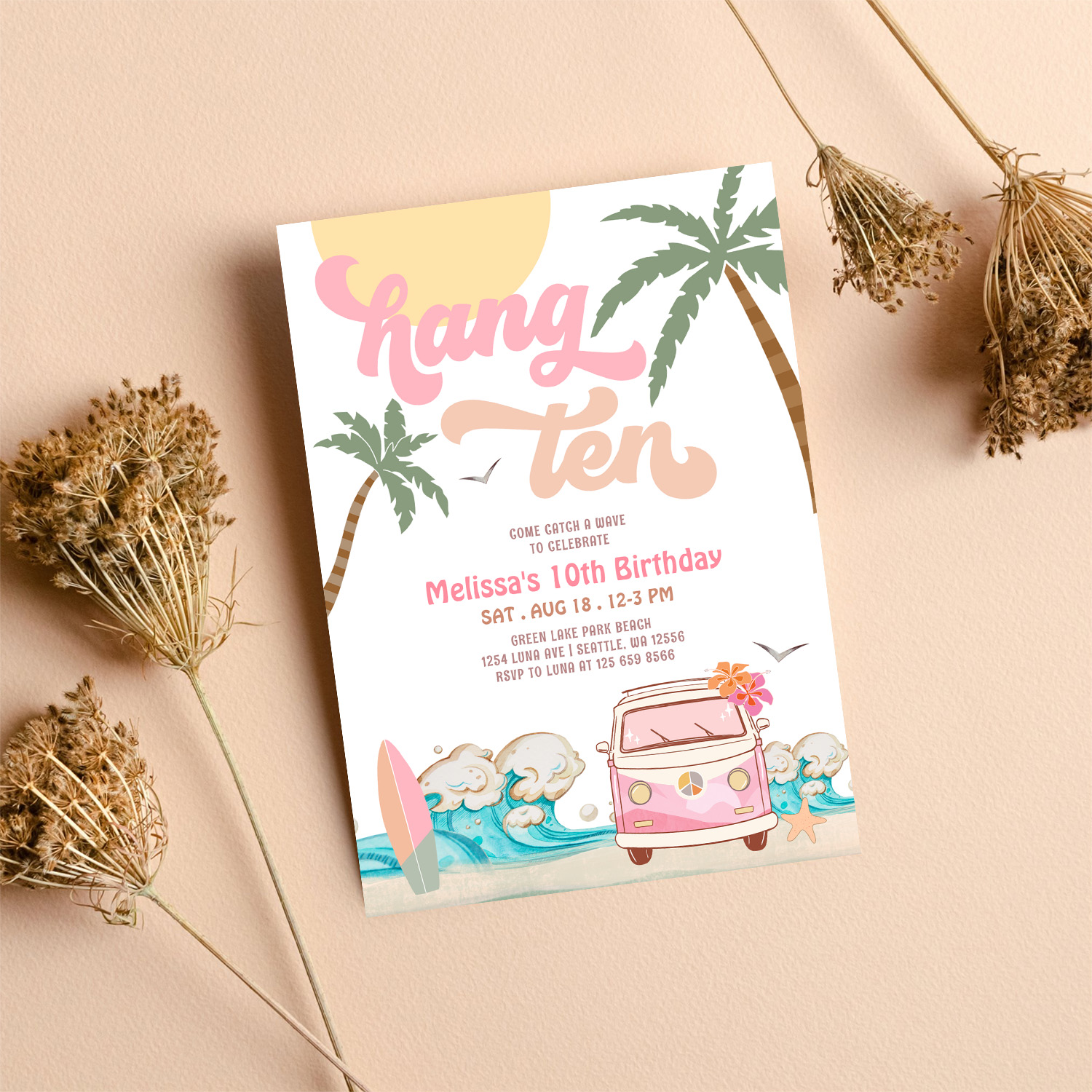 10th Birthday Hang Ten Pink Surfing Birthday Invitation - Image 8
