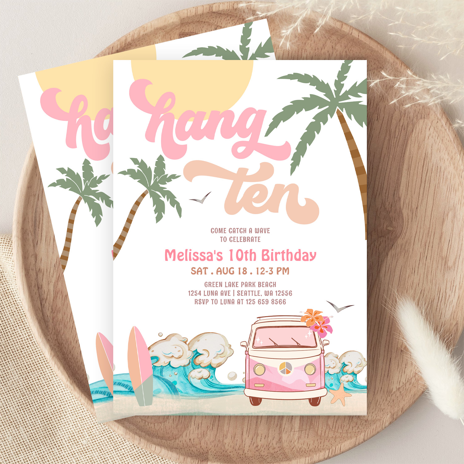 10th Birthday Hang Ten Pink Surfing Birthday Invitation - Image 9