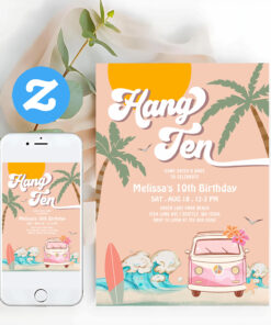 10th Birthday Hang Ten Surfing Birthday Party Invitation