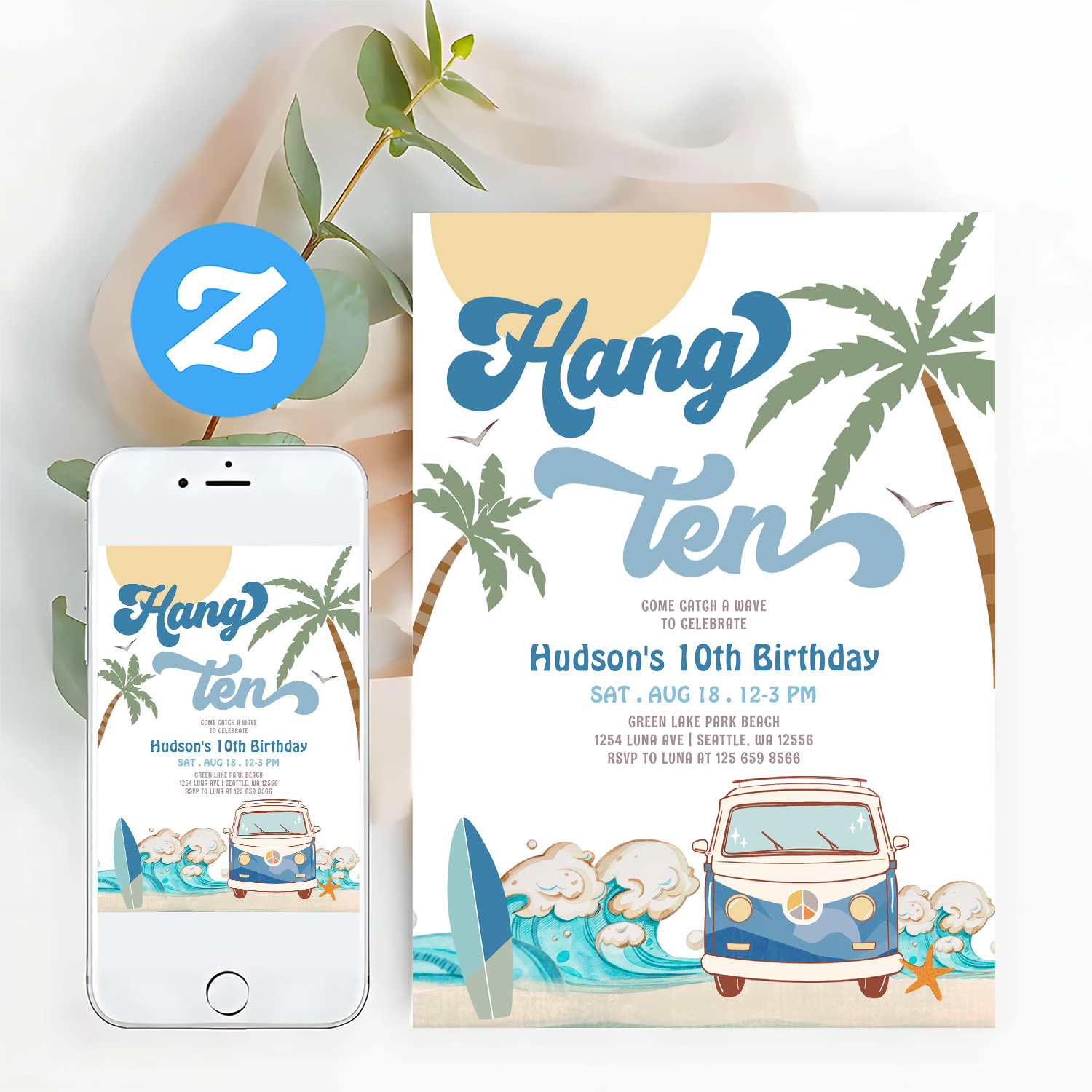 10th Birthday Navy Van Boy Hand Ten Surfing Invitation
