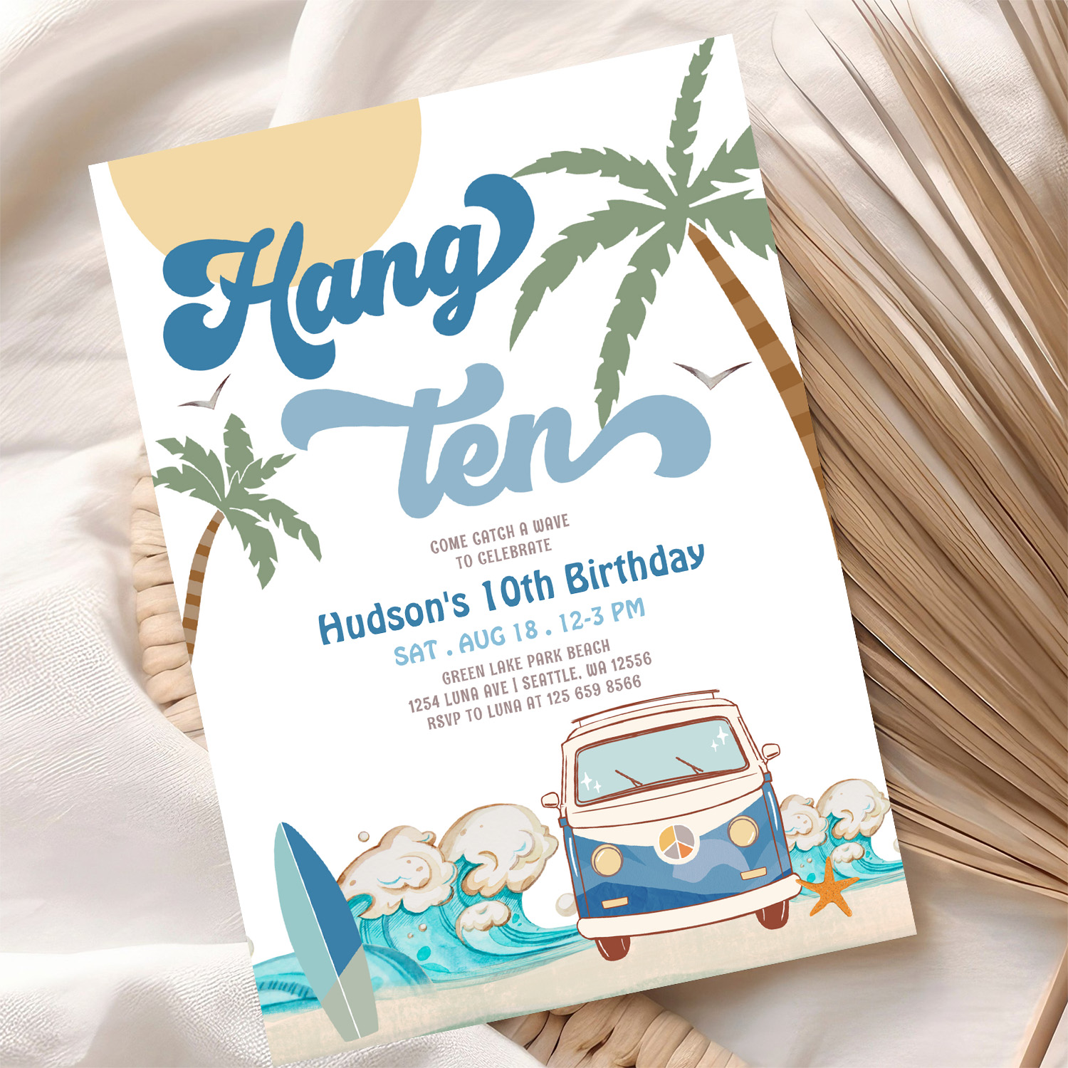 10th Birthday Navy Van Boy Hand Ten Surfing Invitation - Image 10