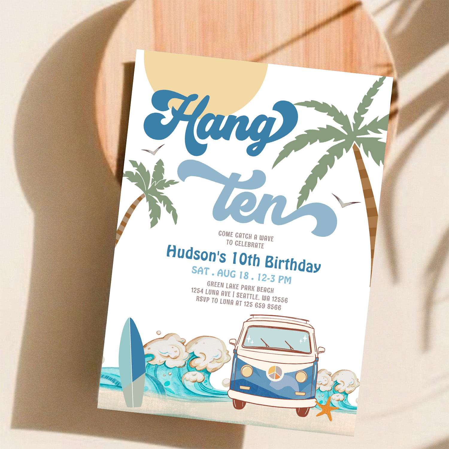 10th Birthday Navy Van Boy Hand Ten Surfing Invitation - Image 11