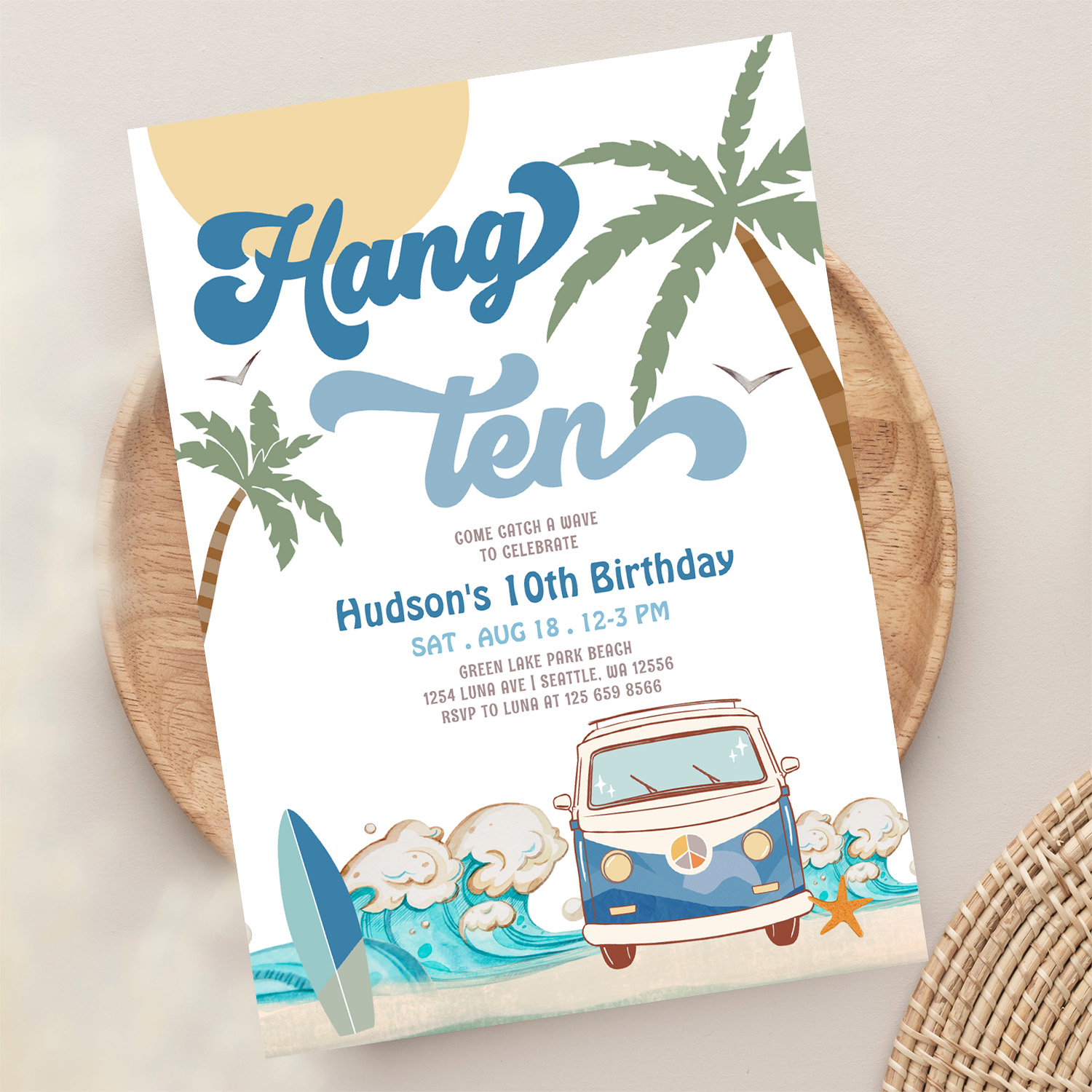 10th Birthday Navy Van Boy Hand Ten Surfing Invitation - Image 13