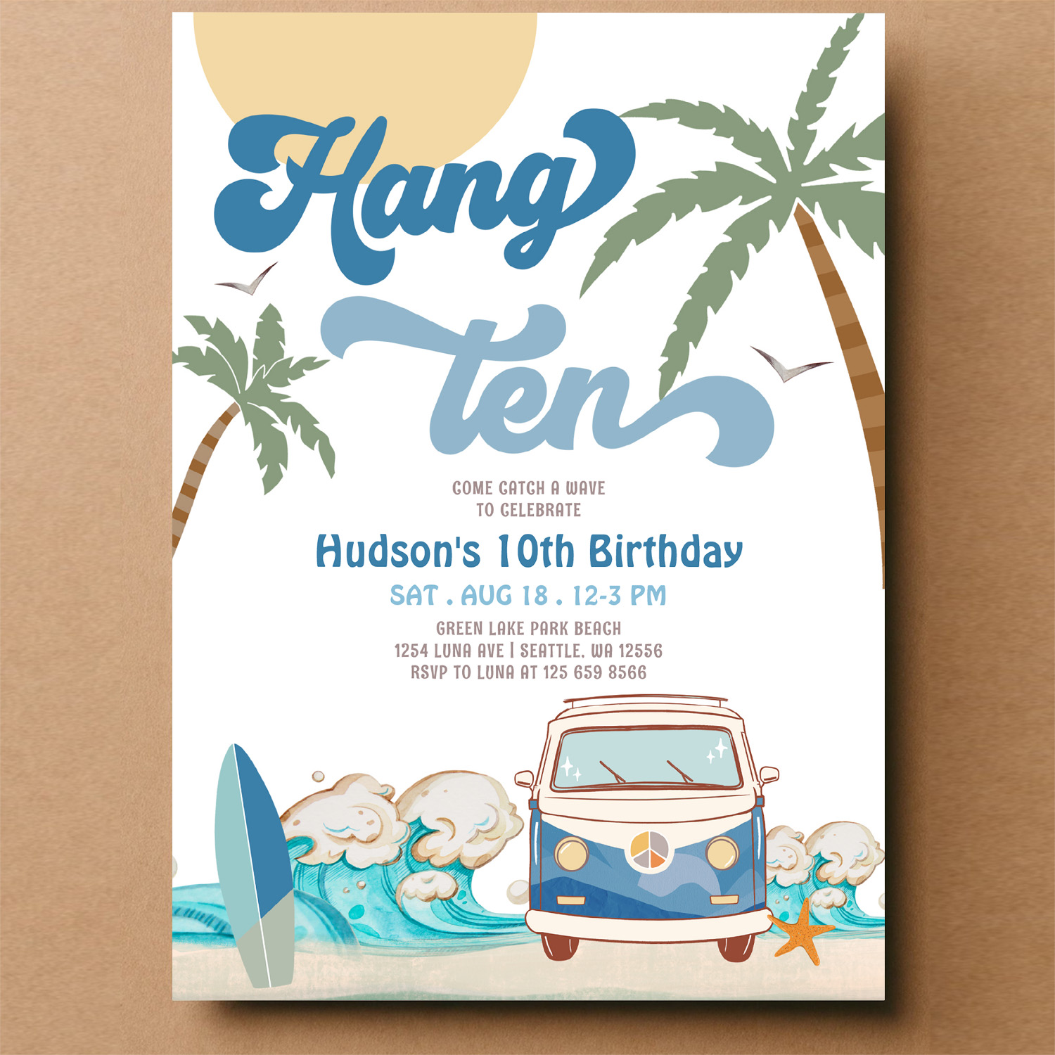 10th Birthday Navy Van Boy Hand Ten Surfing Invitation - Image 14