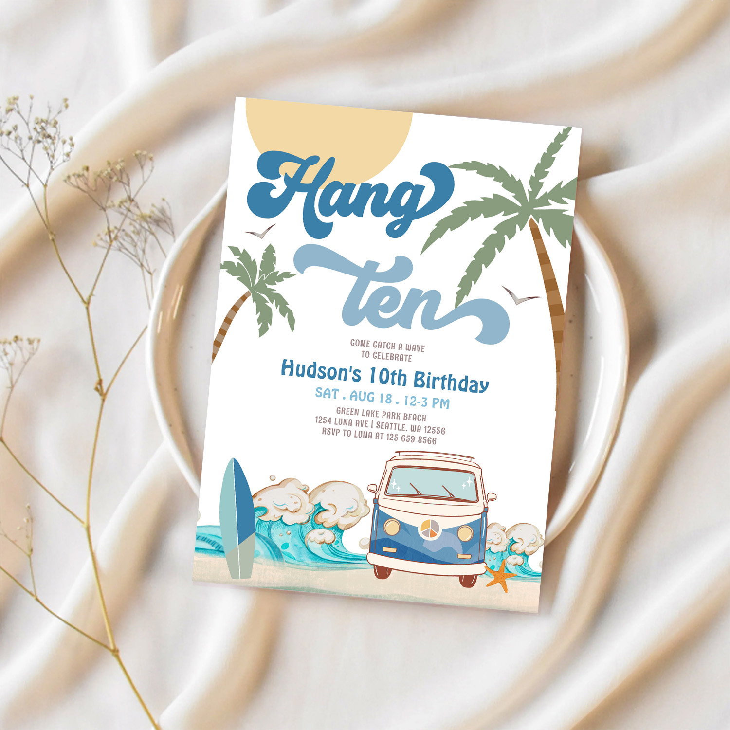 10th Birthday Navy Van Boy Hand Ten Surfing Invitation - Image 2