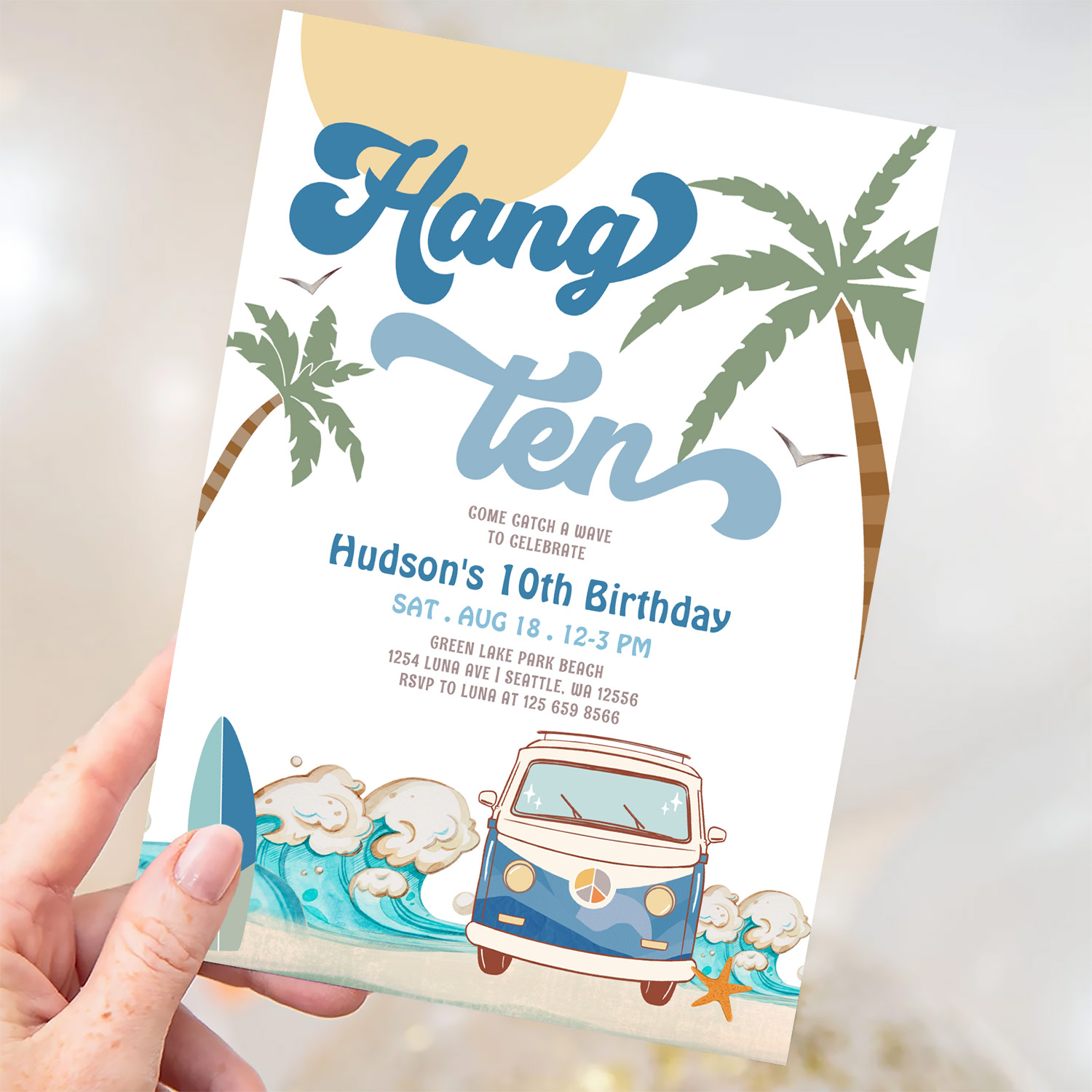 10th Birthday Navy Van Boy Hand Ten Surfing Invitation - Image 3
