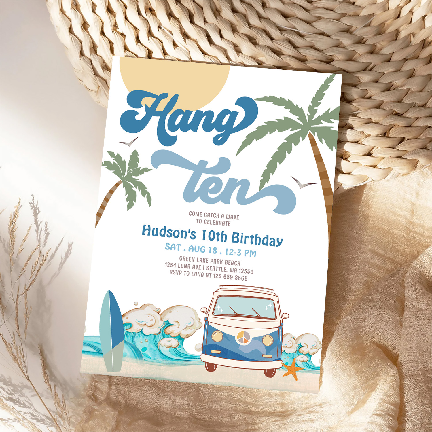 10th Birthday Navy Van Boy Hand Ten Surfing Invitation - Image 4