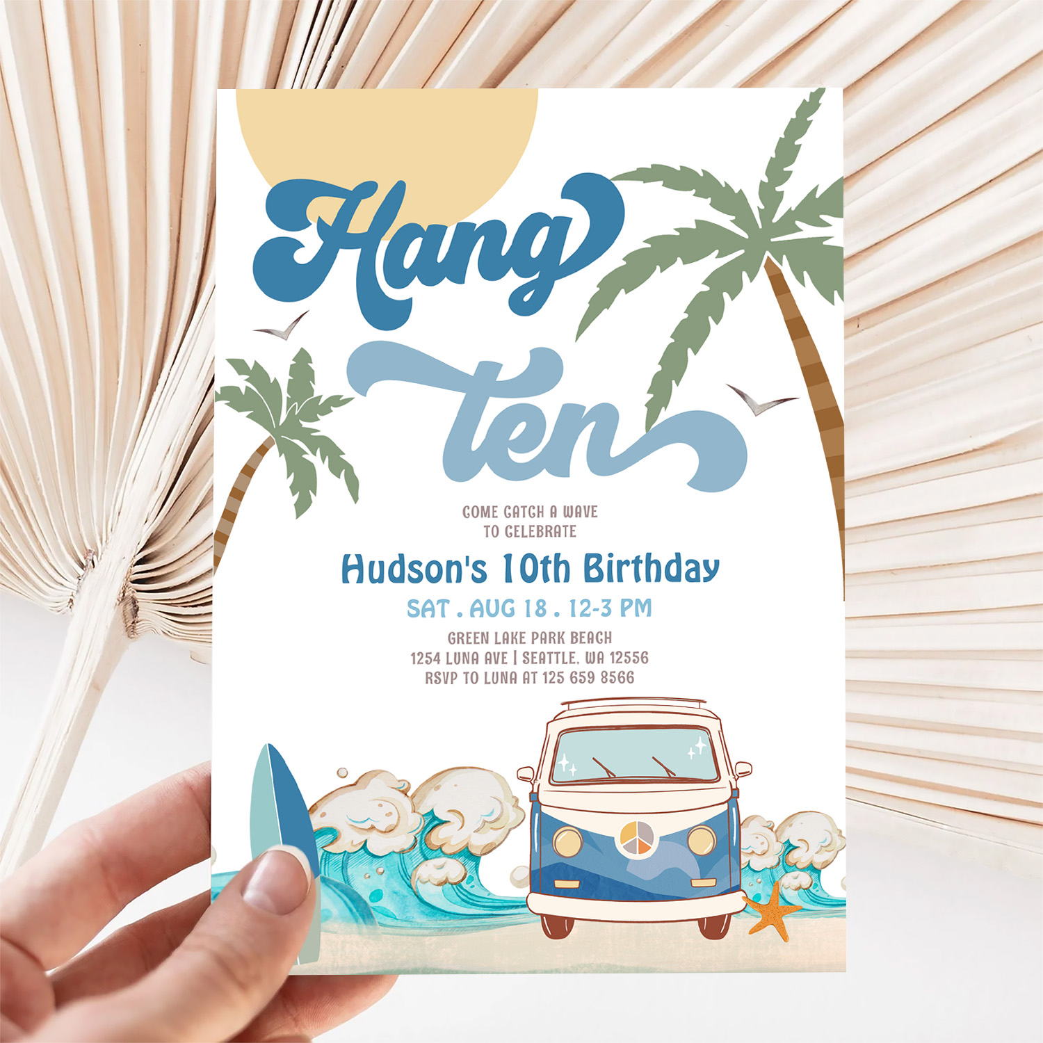 10th Birthday Navy Van Boy Hand Ten Surfing Invitation - Image 5