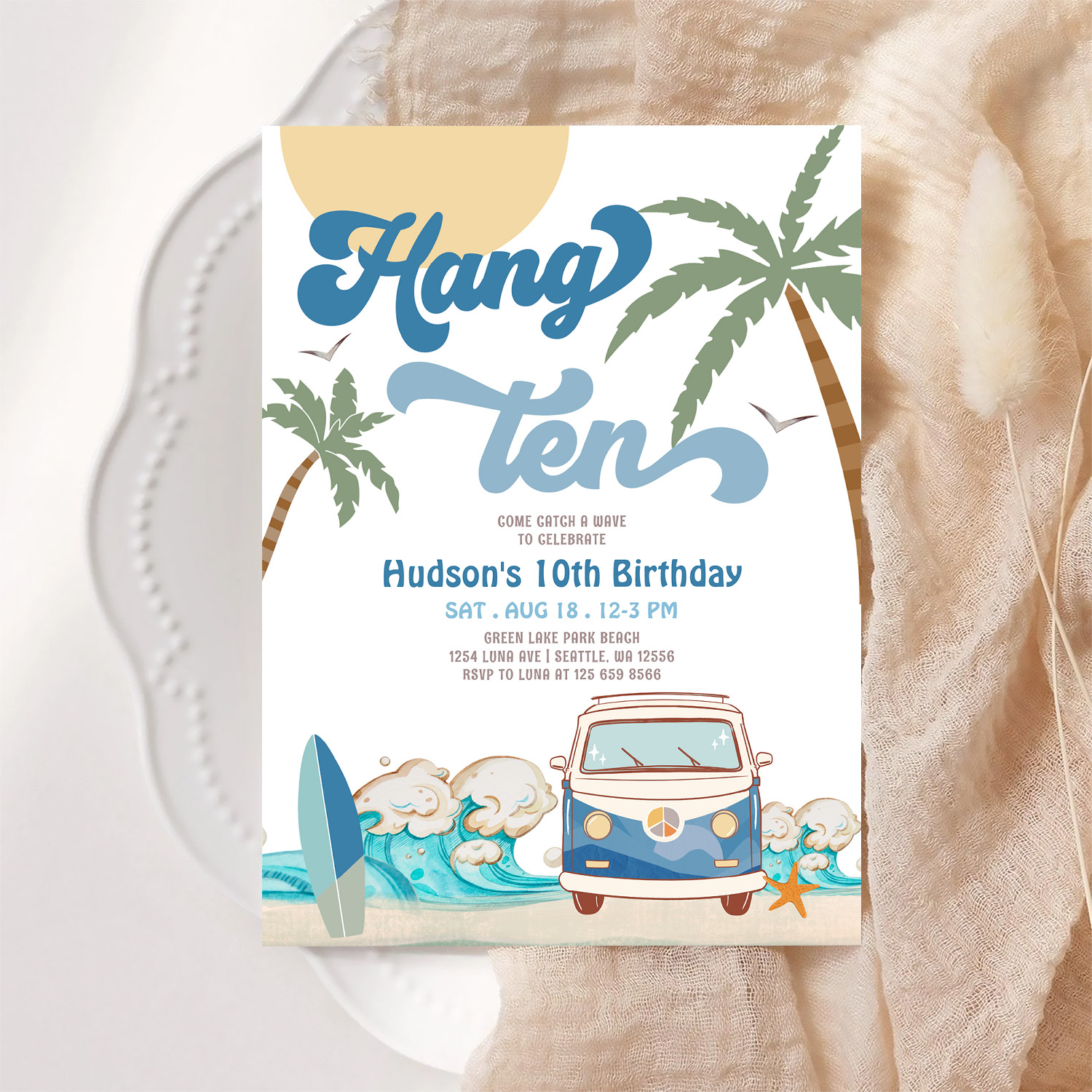 10th Birthday Navy Van Boy Hand Ten Surfing Invitation - Image 6