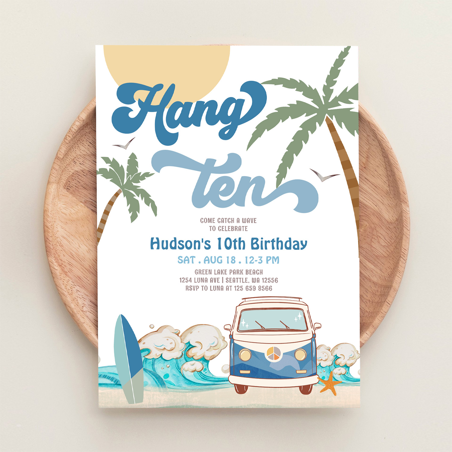 10th Birthday Navy Van Boy Hand Ten Surfing Invitation - Image 7