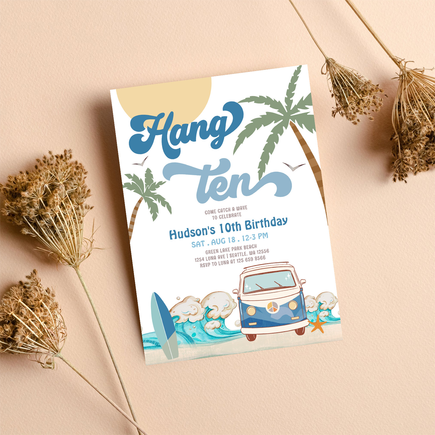 10th Birthday Navy Van Boy Hand Ten Surfing Invitation - Image 8