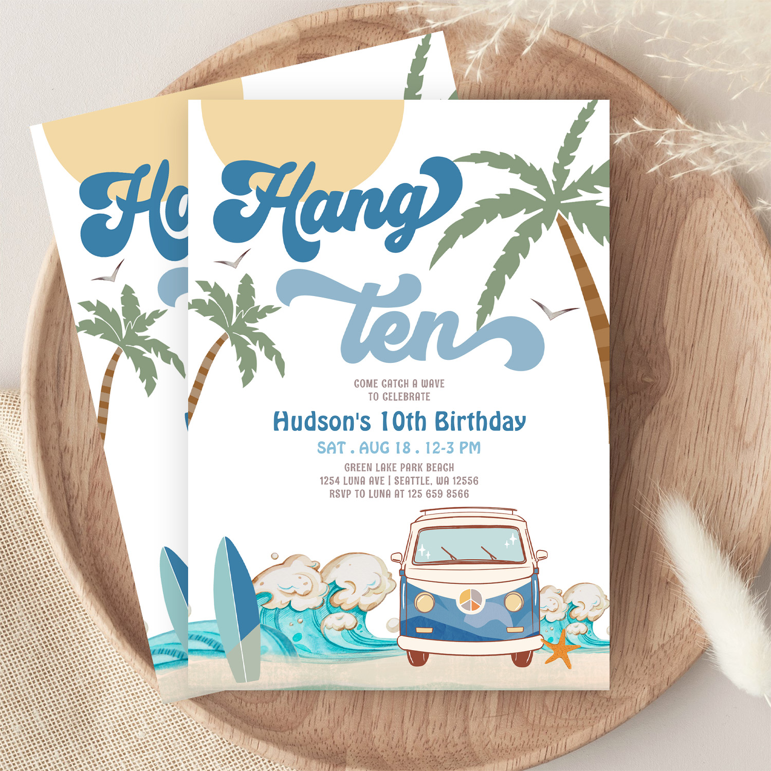 10th Birthday Navy Van Boy Hand Ten Surfing Invitation - Image 9