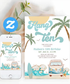 10th Birthday Navy Van Boy Hand Ten Surfing Invitation