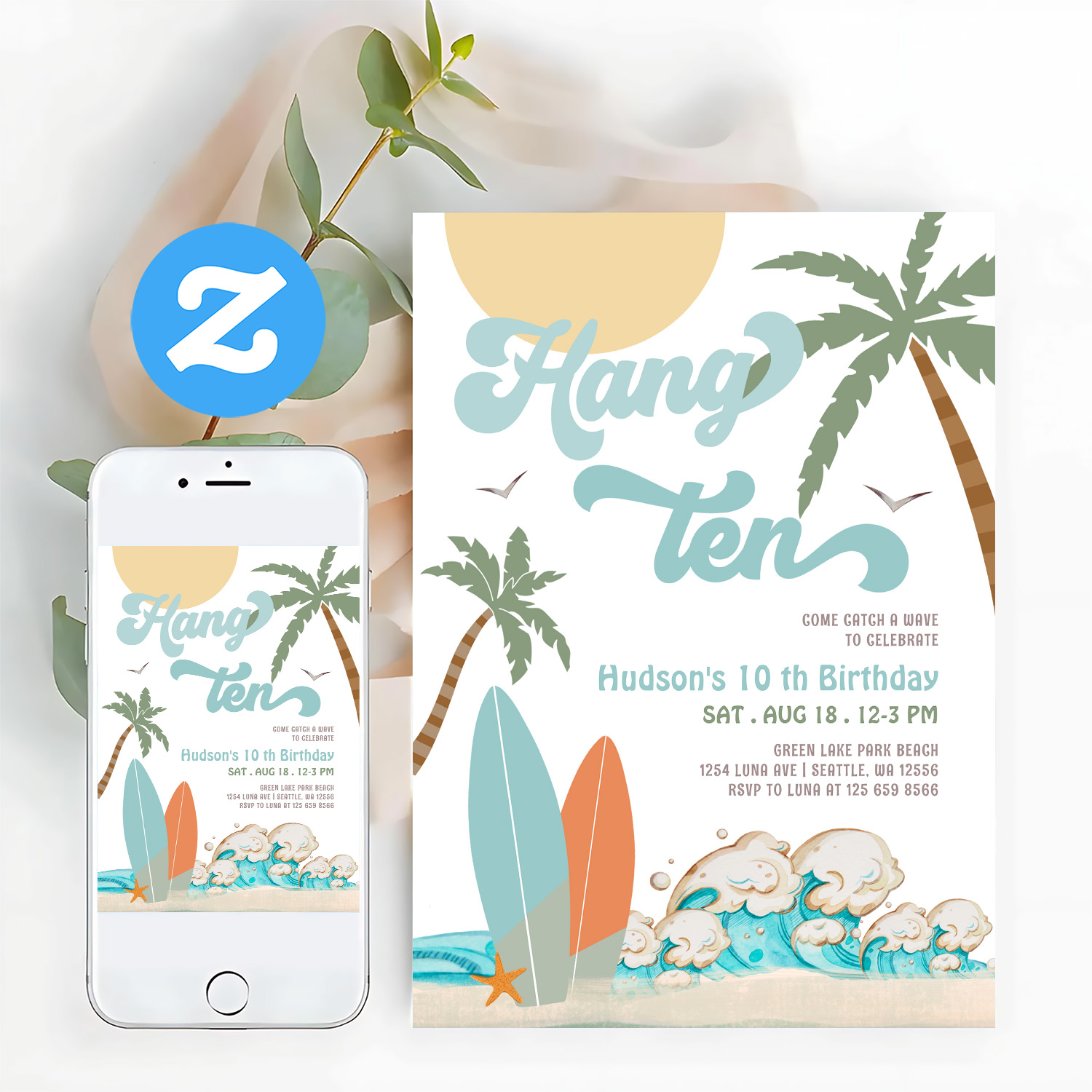 10th Boy Surf Surfing Birthday Beach Party Invitation