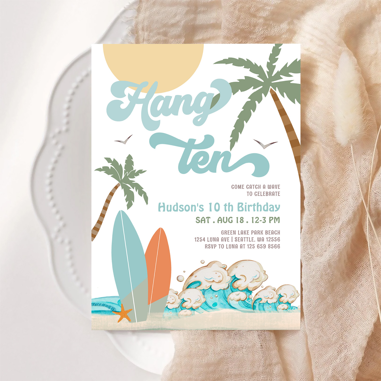 10th Boy Surf Surfing Birthday Beach Party Invitation - Image 6