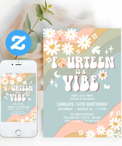14 Is A Vibe Daisy Hippie 70S Retro Birthday Invitation