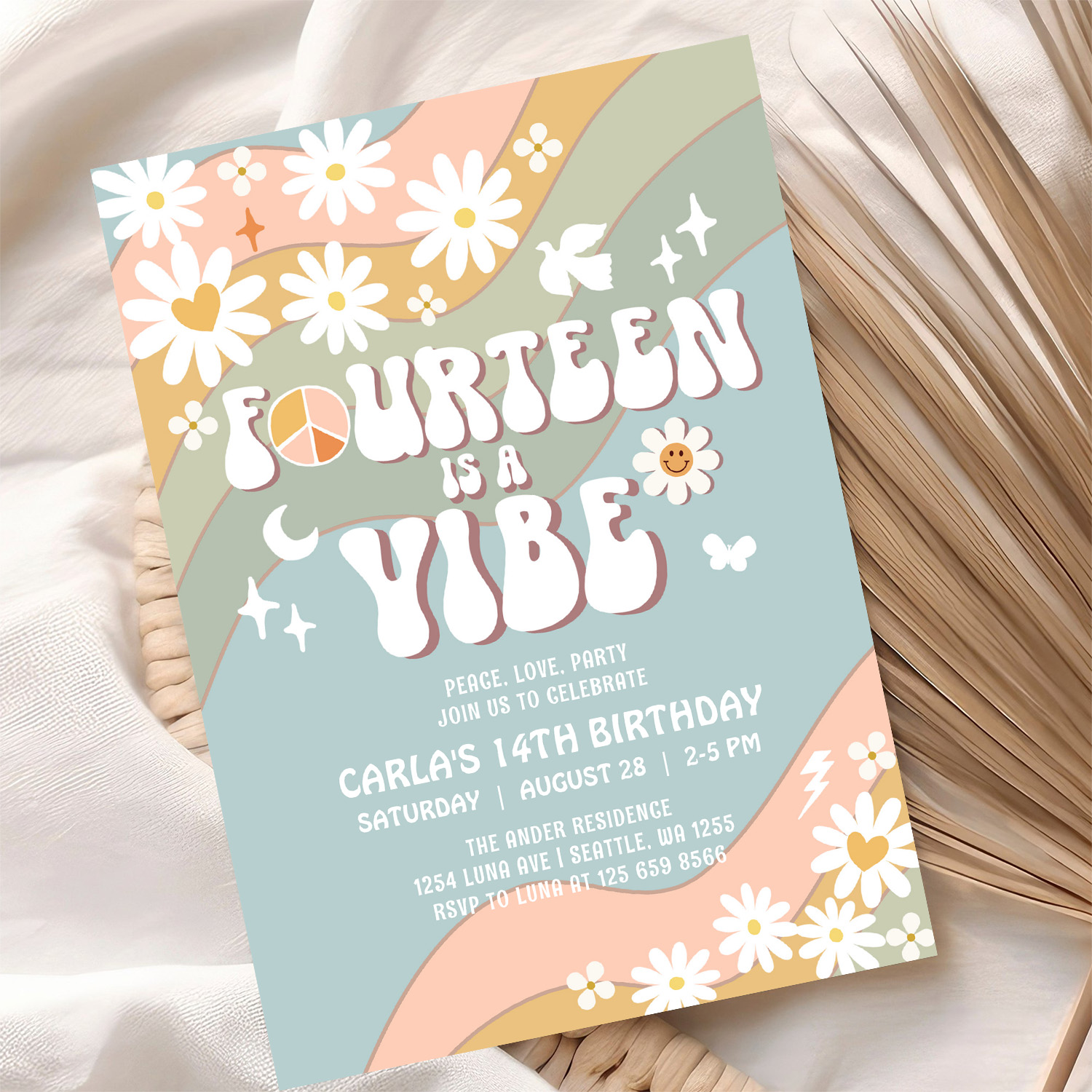 14 Is A Vibe Daisy Hippie 70S Retro Birthday Invitation - Image 10