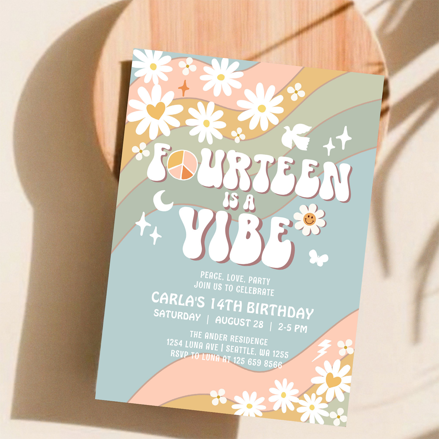 14 Is A Vibe Daisy Hippie 70S Retro Birthday Invitation - Image 11