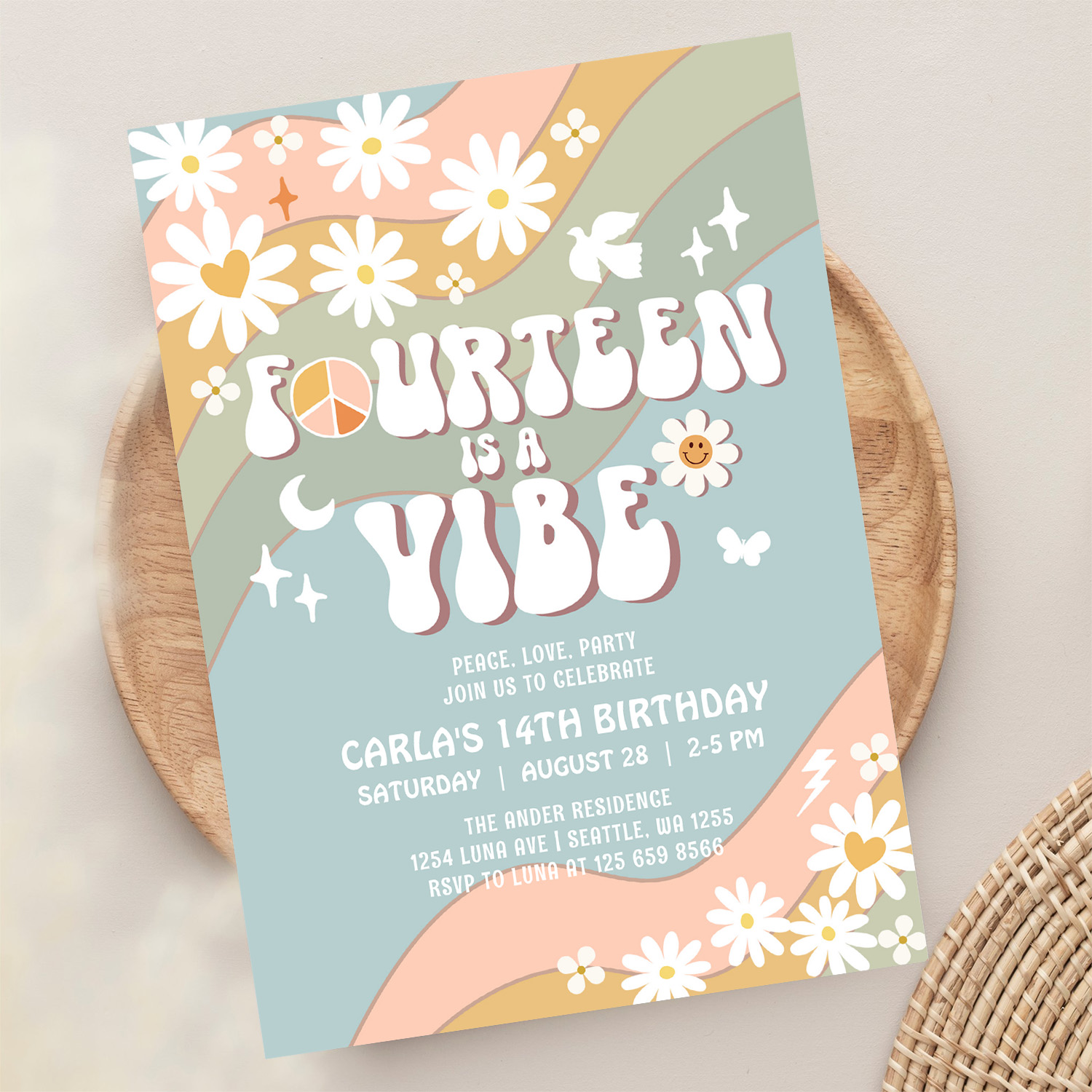 14 Is A Vibe Daisy Hippie 70S Retro Birthday Invitation - Image 13