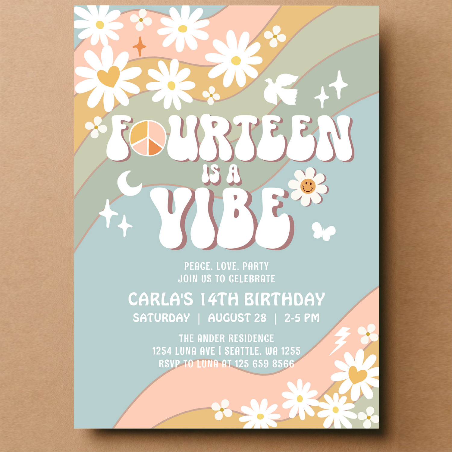 14 Is A Vibe Daisy Hippie 70S Retro Birthday Invitation - Image 14