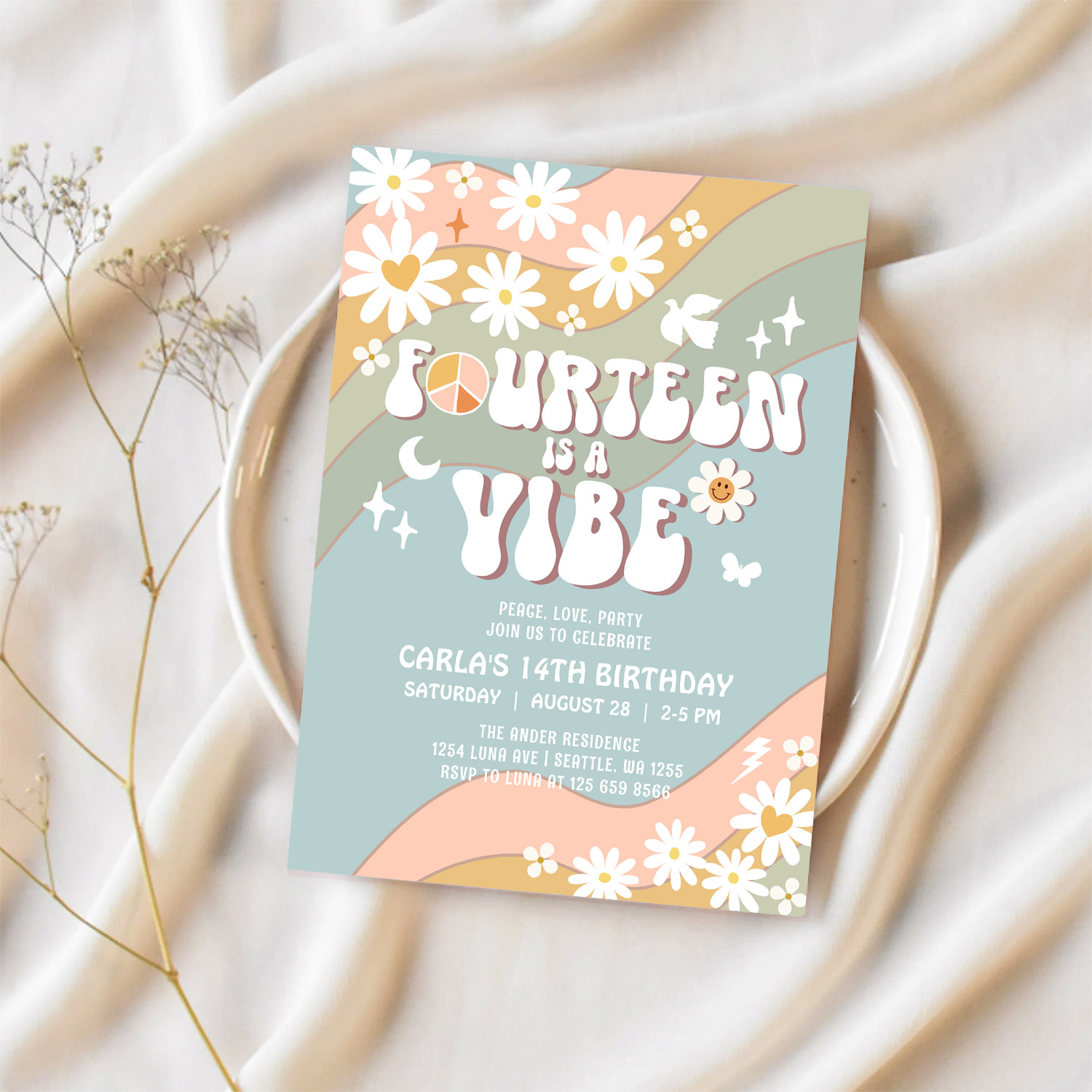 14 Is A Vibe Daisy Hippie 70S Retro Birthday Invitation - Image 2