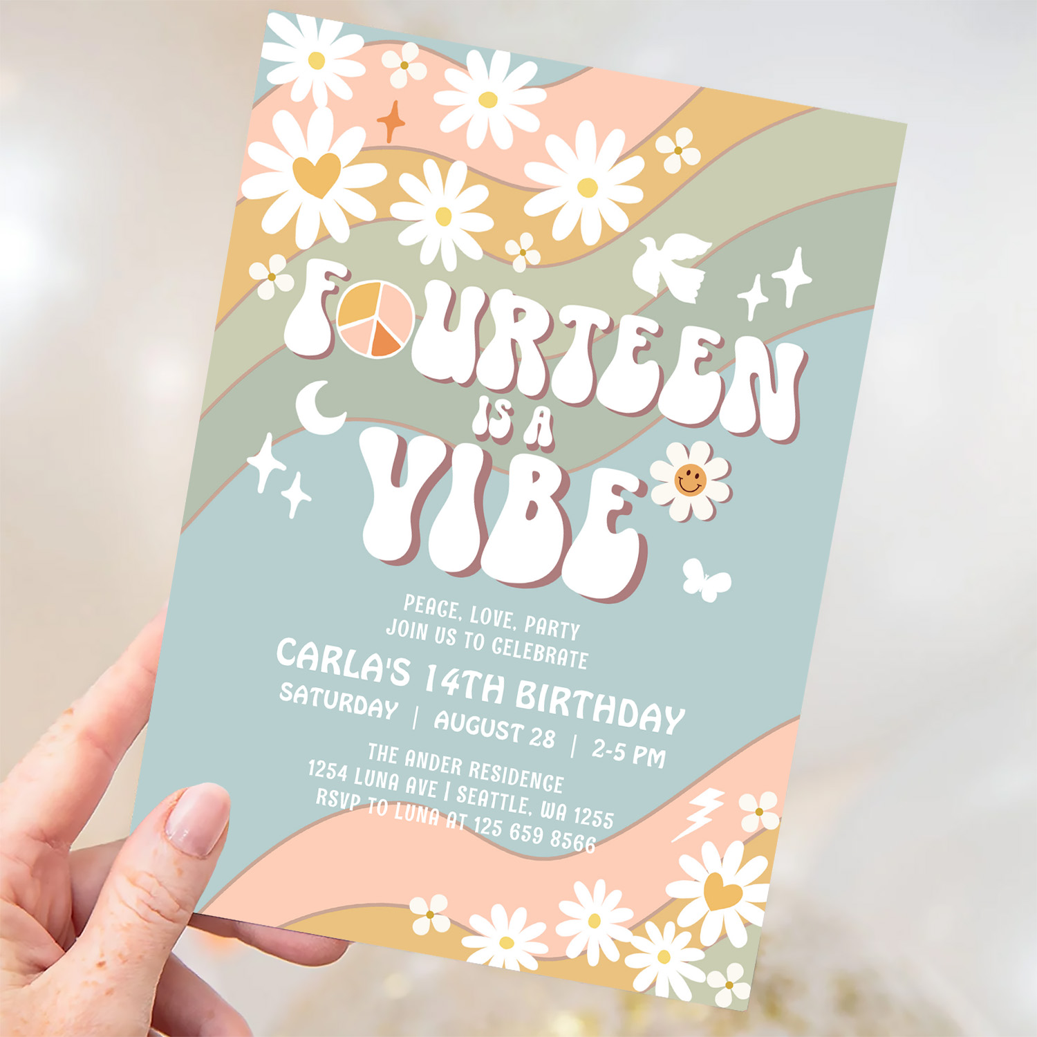14 Is A Vibe Daisy Hippie 70S Retro Birthday Invitation - Image 3