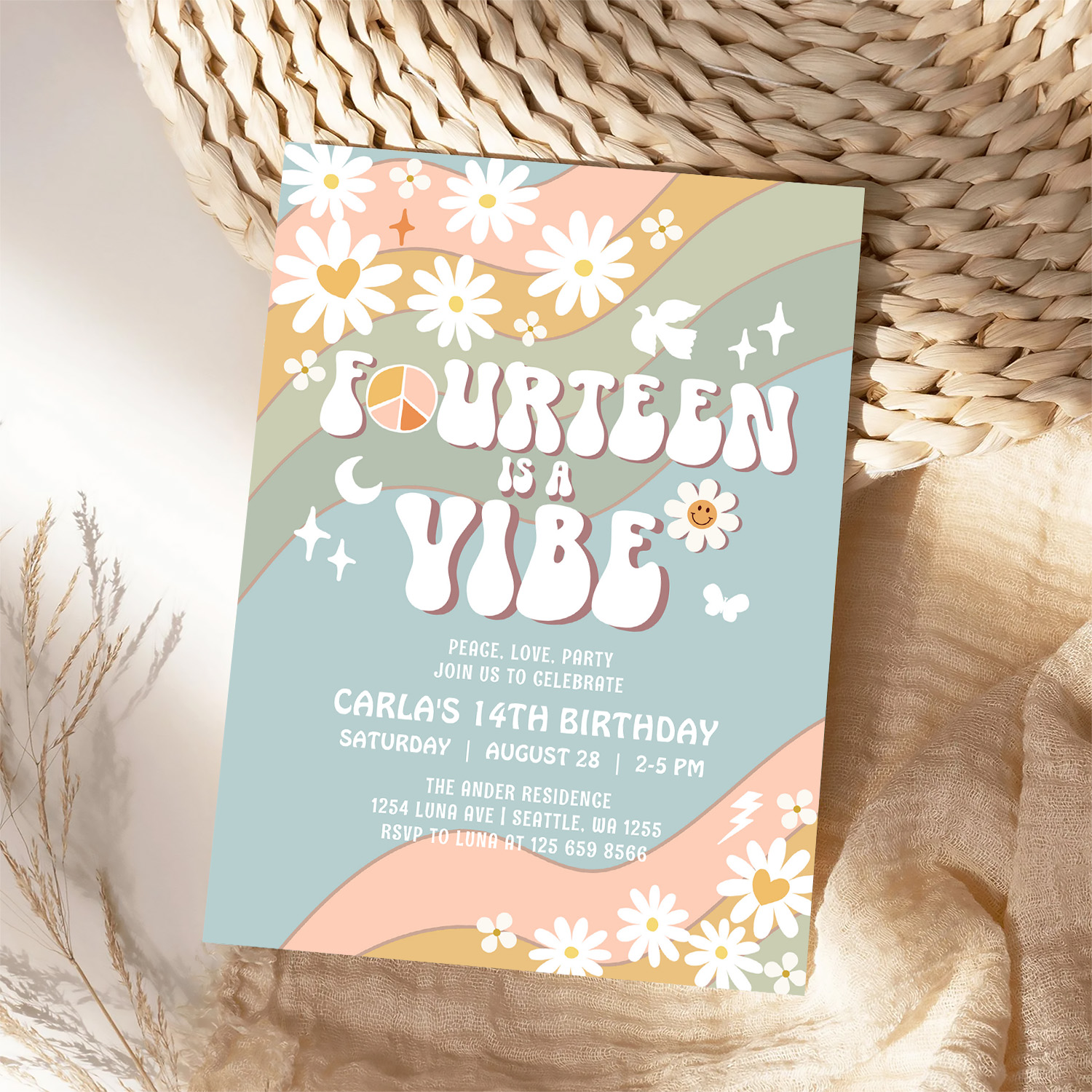 14 Is A Vibe Daisy Hippie 70S Retro Birthday Invitation - Image 4