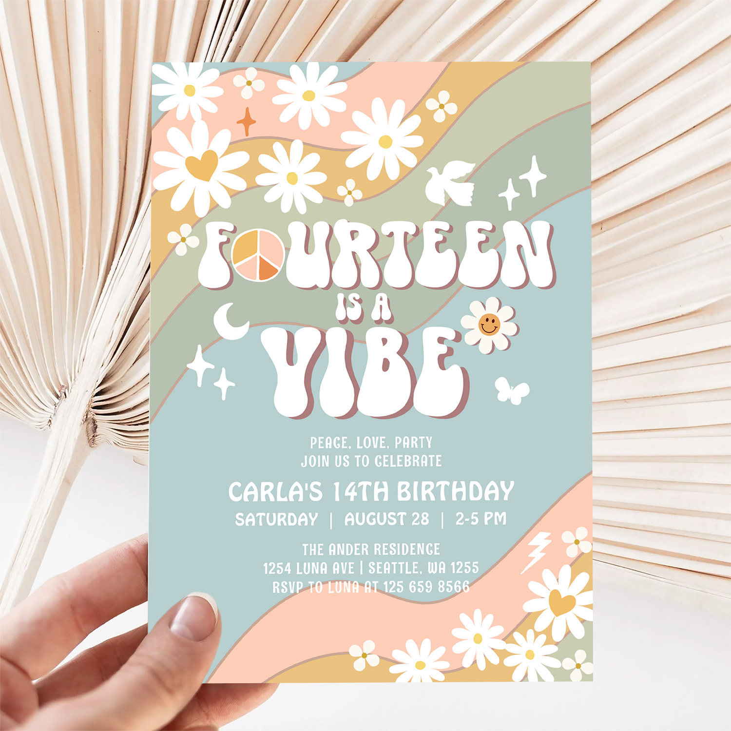 14 Is A Vibe Daisy Hippie 70S Retro Birthday Invitation - Image 5