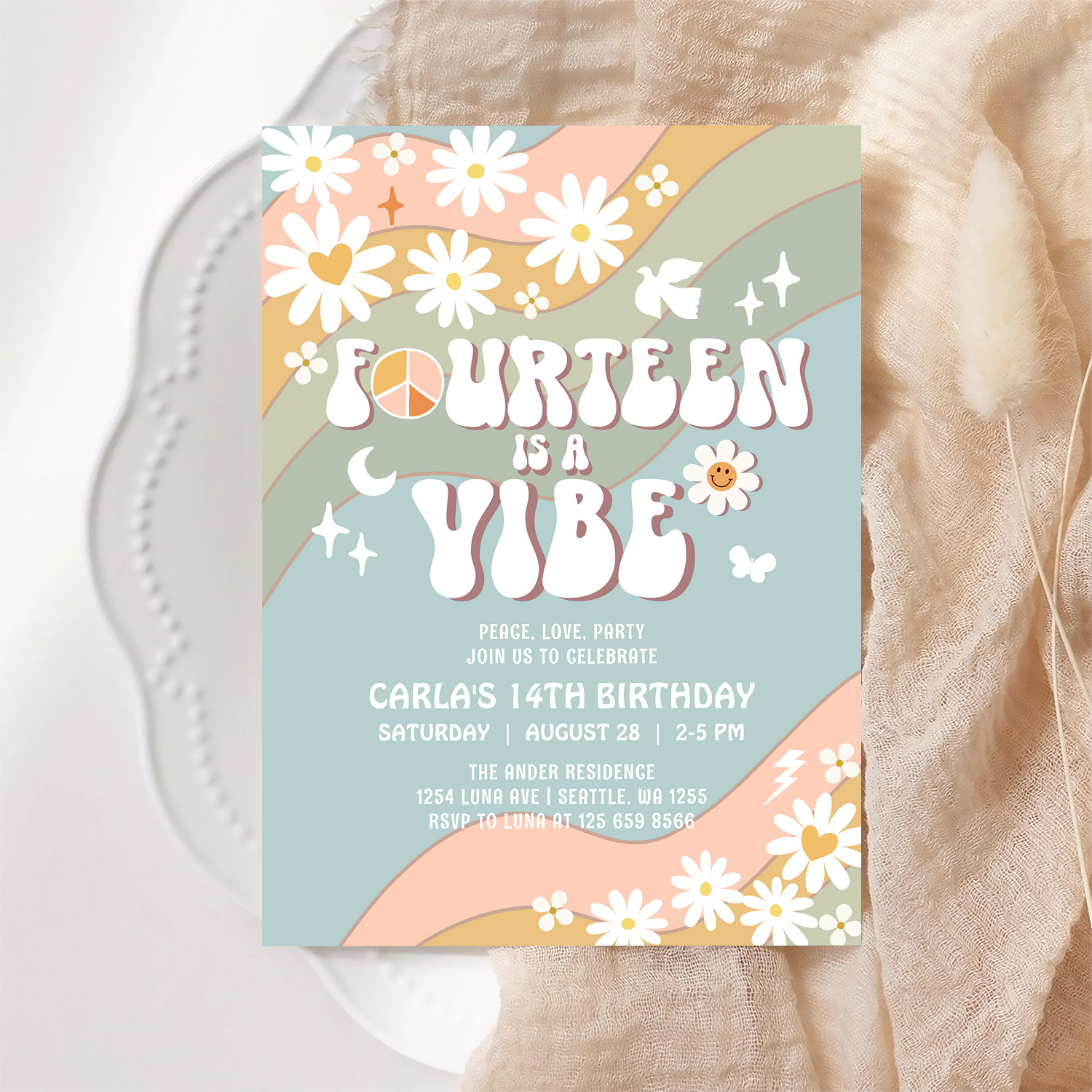 14 Is A Vibe Daisy Hippie 70S Retro Birthday Invitation - Image 6