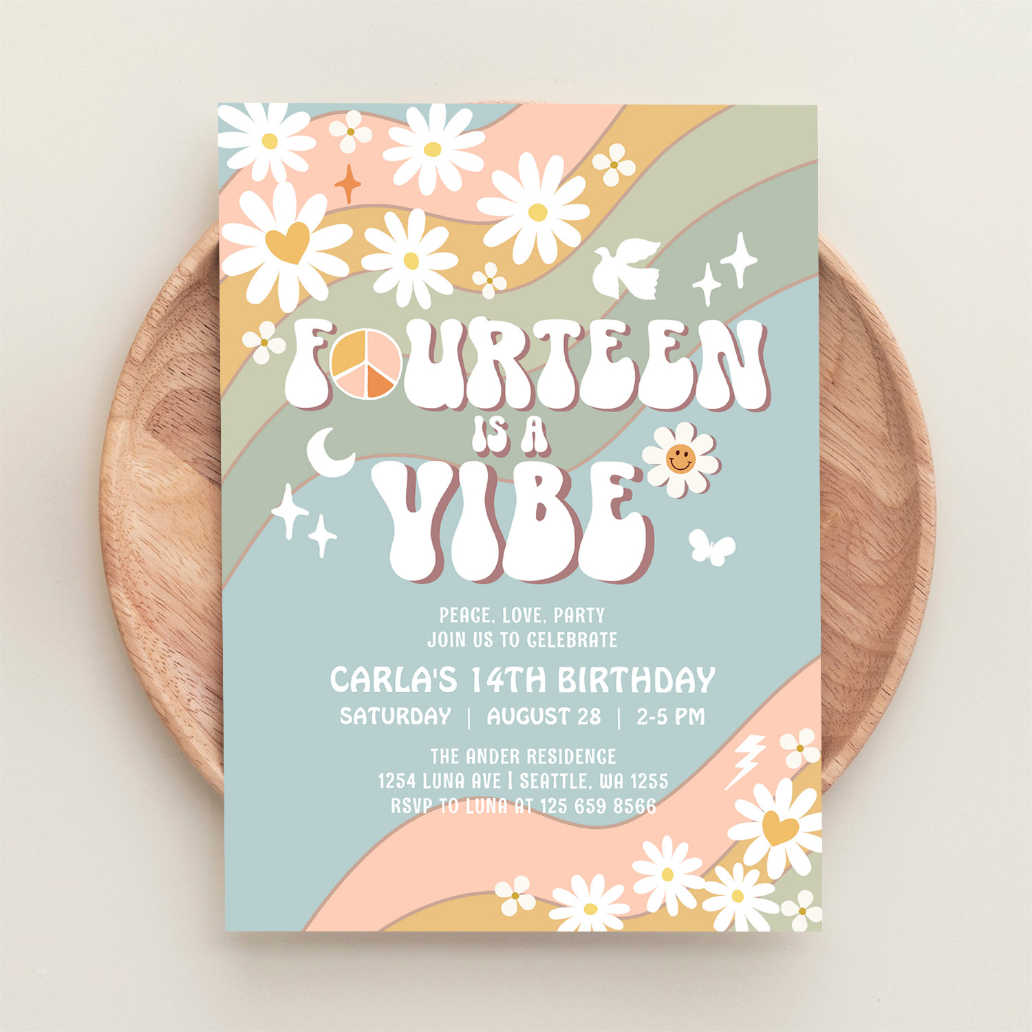 14 Is A Vibe Daisy Hippie 70S Retro Birthday Invitation - Image 7
