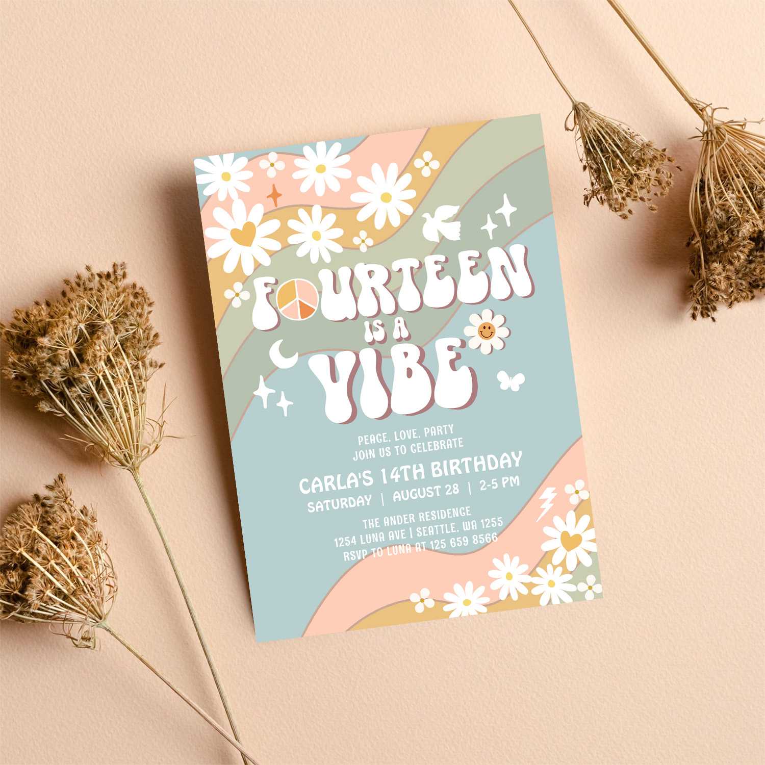 14 Is A Vibe Daisy Hippie 70S Retro Birthday Invitation - Image 8