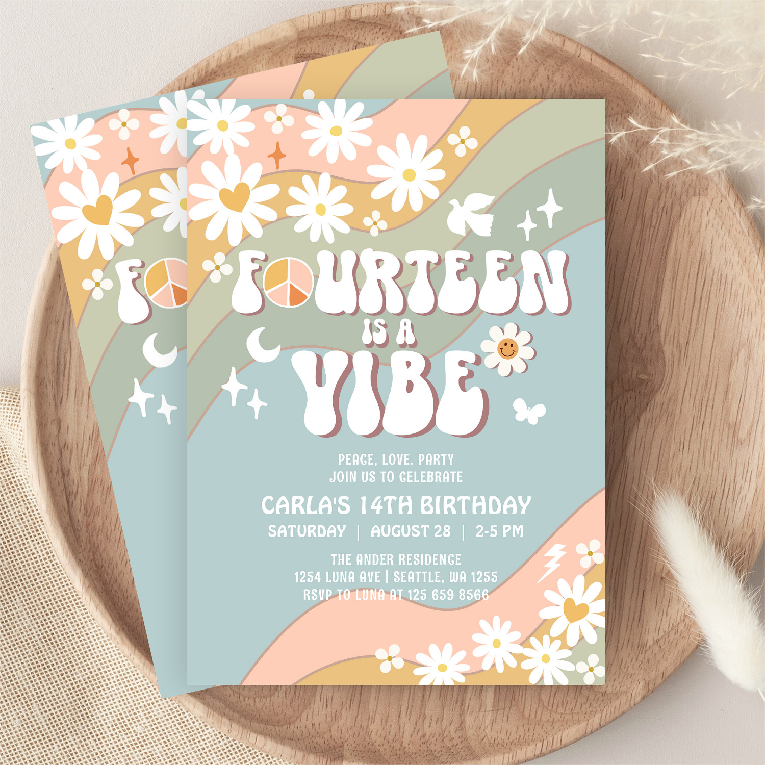 14 Is A Vibe Daisy Hippie 70S Retro Birthday Invitation - Image 9