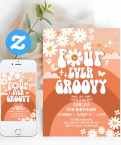 4 Ever Young Fall Groovy Four Ever Groovy Birthday Invitation