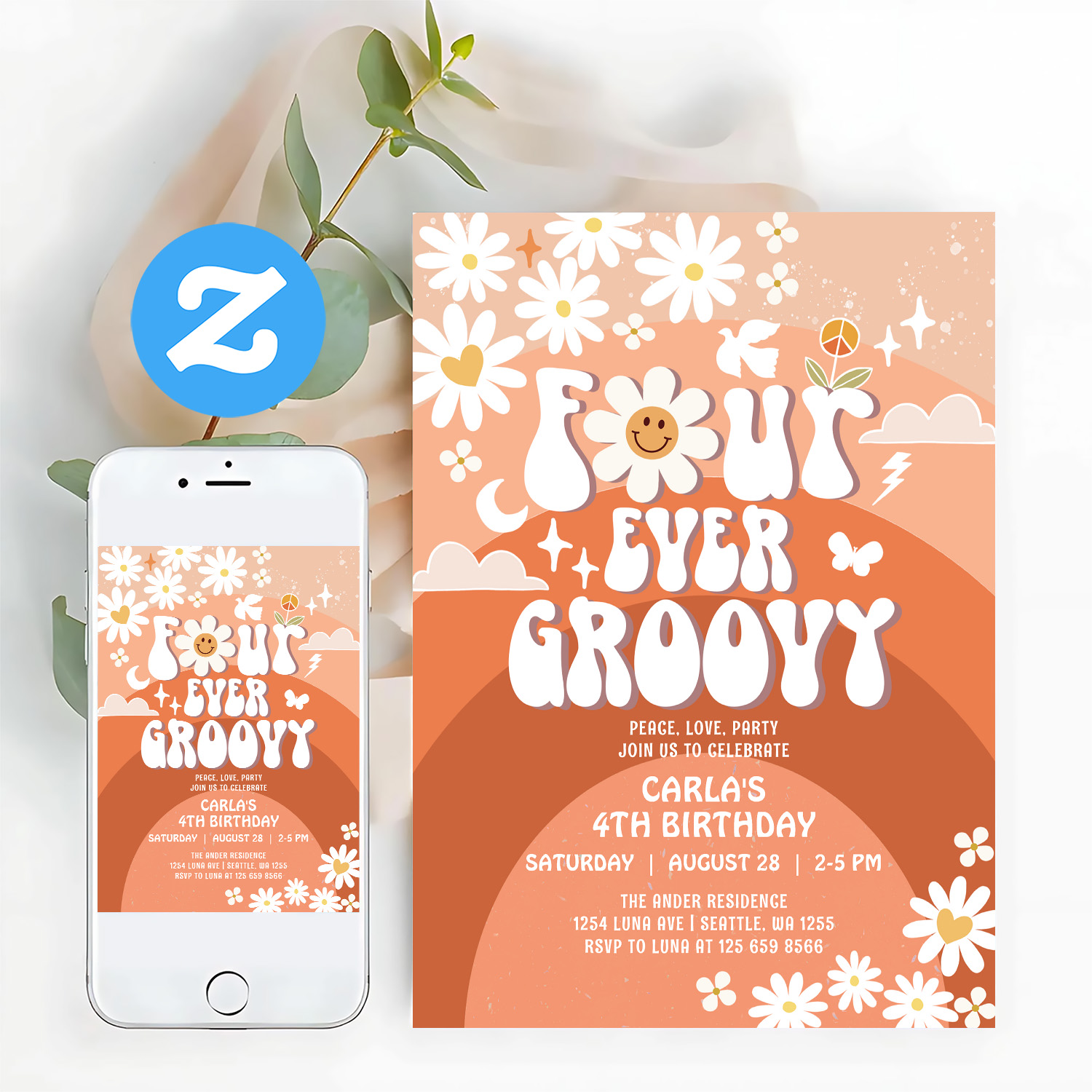 4 Ever Young Fall Groovy Four Ever Groovy Birthday Invitation