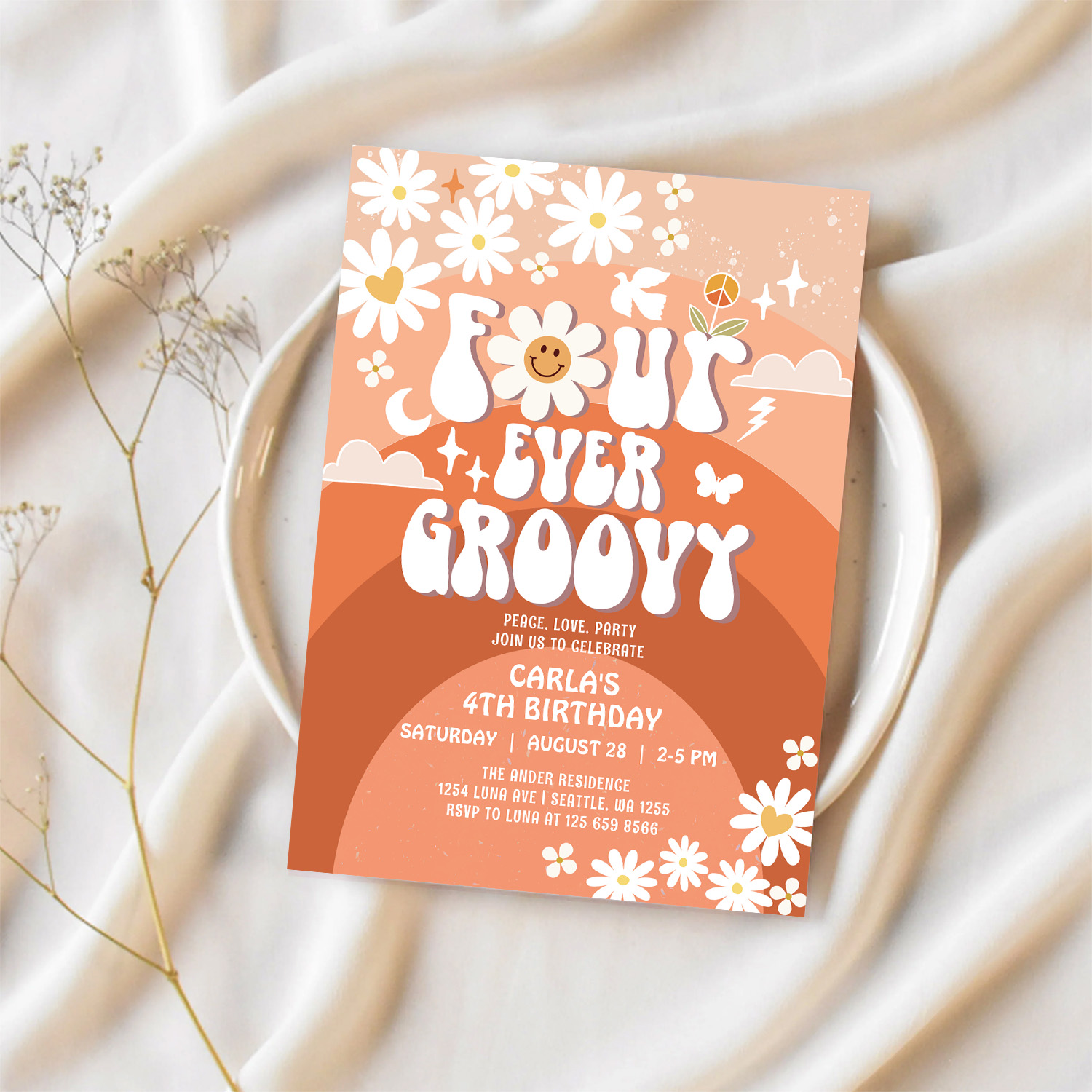 4 Ever Young Fall Groovy Four Ever Groovy Birthday Invitation - Image 2