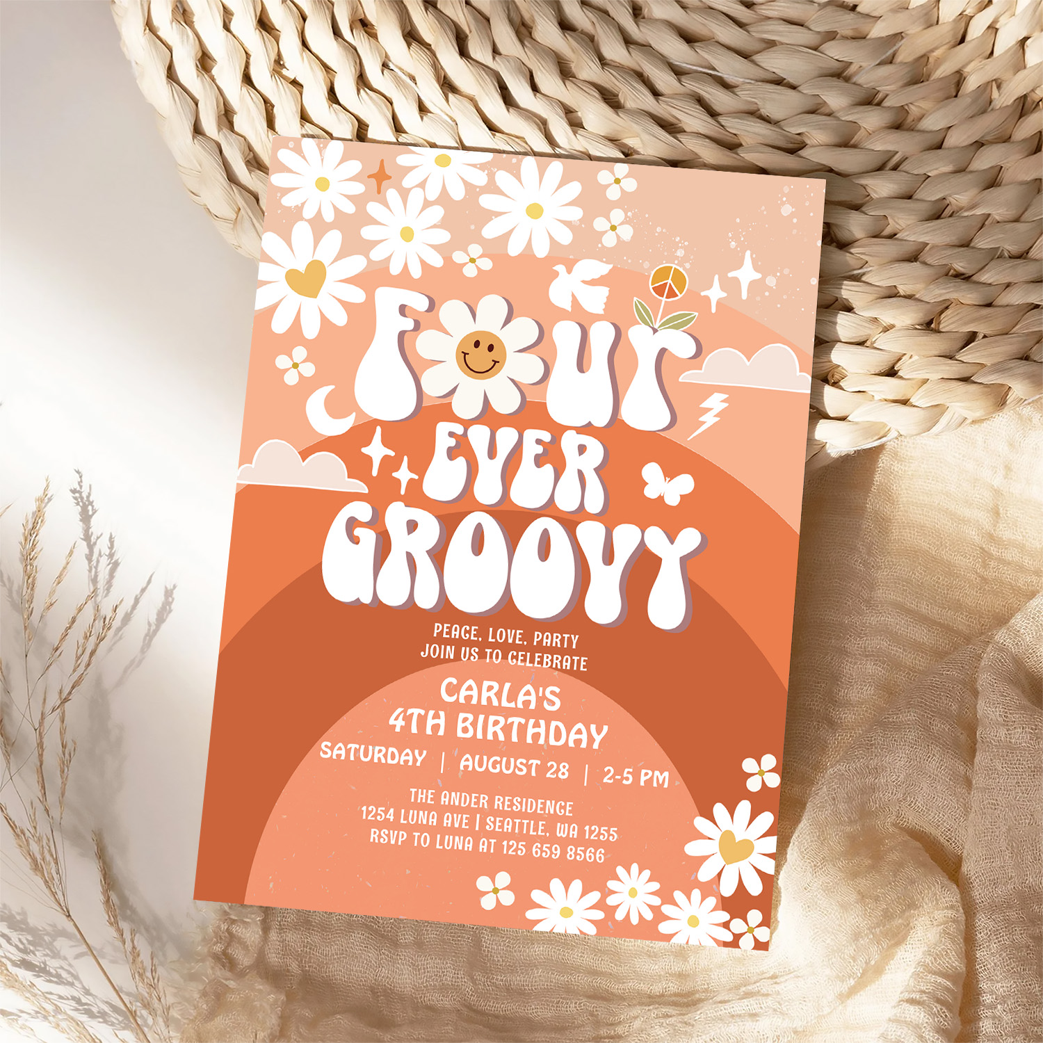 4 Ever Young Fall Groovy Four Ever Groovy Birthday Invitation - Image 4