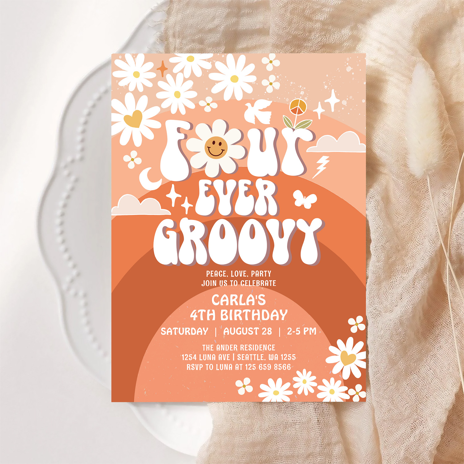 4 Ever Young Fall Groovy Four Ever Groovy Birthday Invitation - Image 6