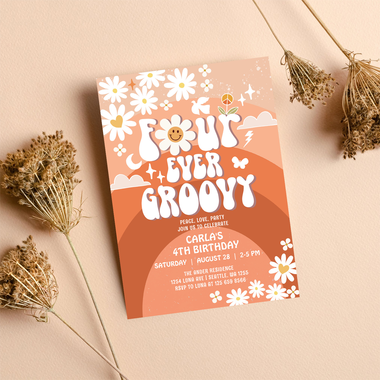 4 Ever Young Fall Groovy Four Ever Groovy Birthday Invitation - Image 8